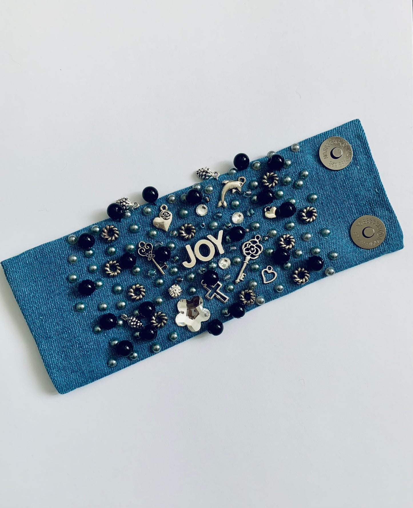 JOY Denim Bracelet. Handmade Statement Piece with Charms