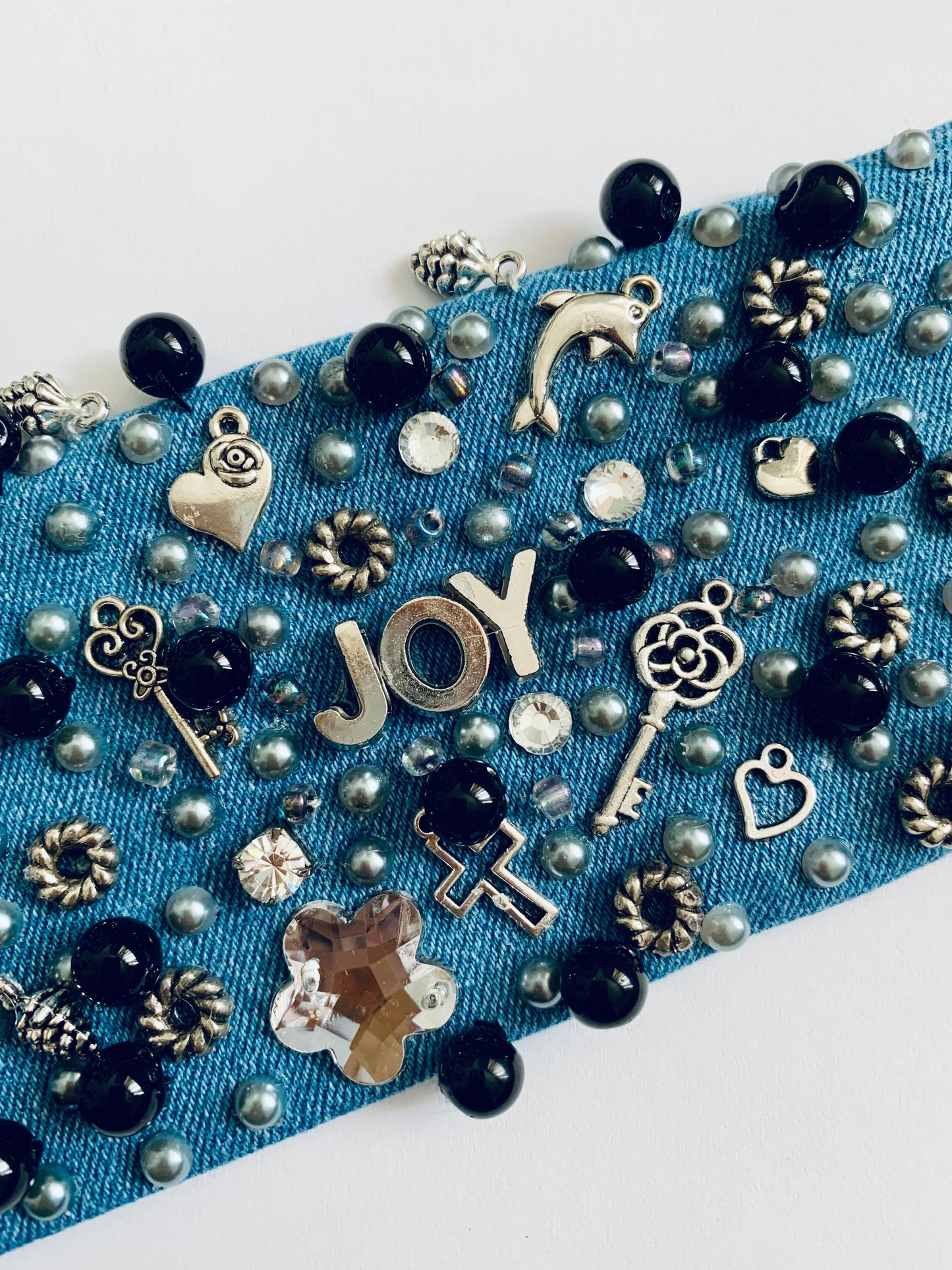 JOY Denim Bracelet. Handmade Statement Piece with Charms