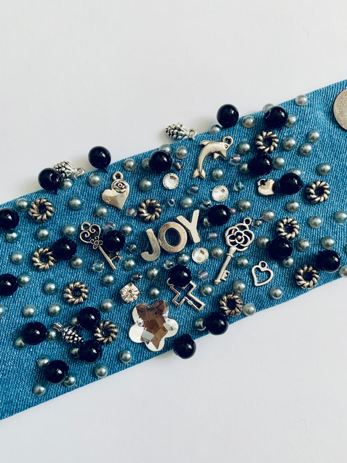 JOY Denim Bracelet. Handmade Statement Piece with Charms