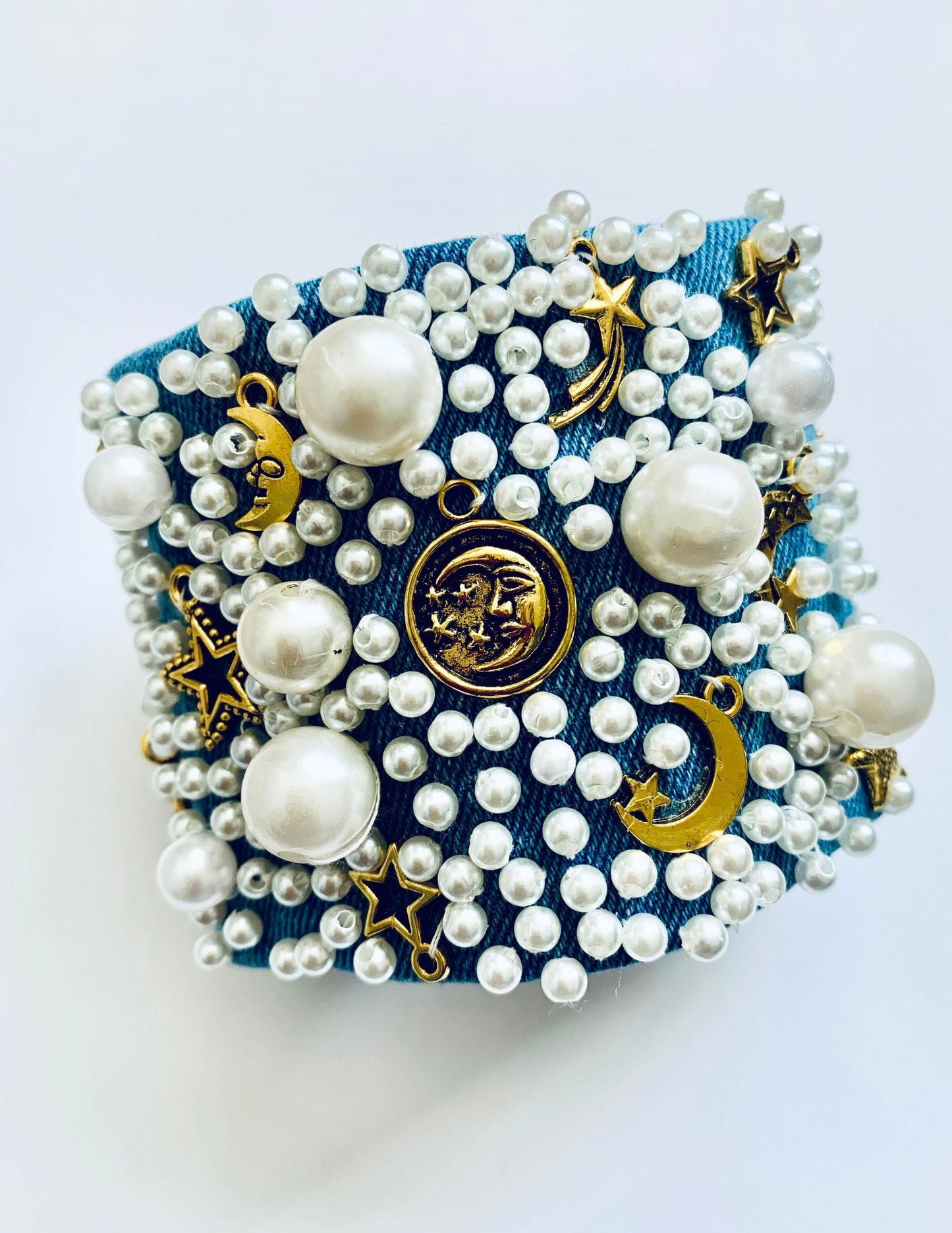 MOON Handmade Boho Denim Bracelet with Pearls | Made in USA