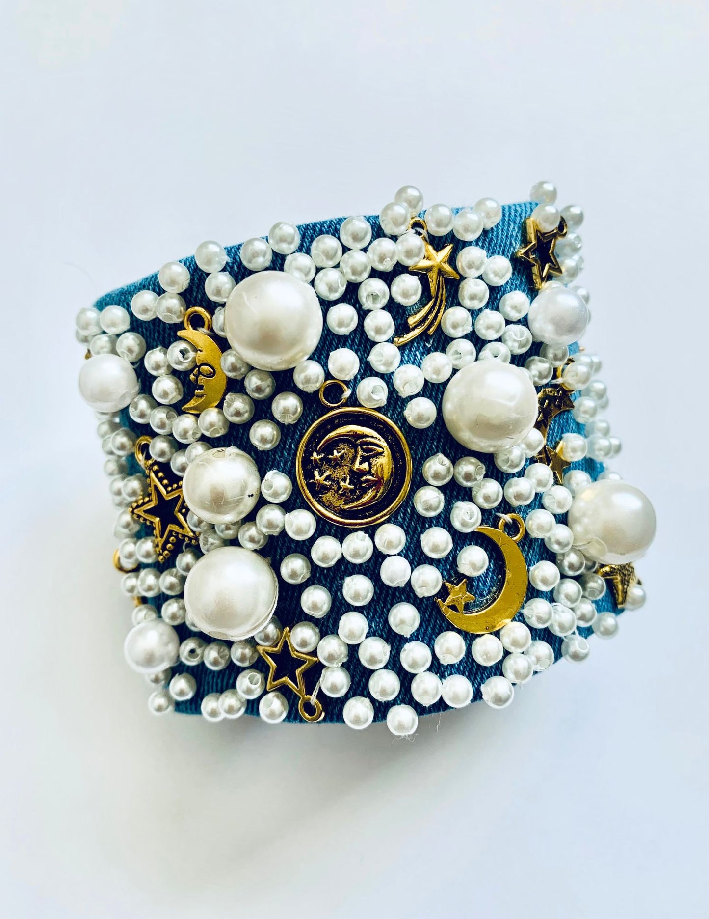 MOON Handmade Boho Denim Bracelet with Pearls | Made in USA