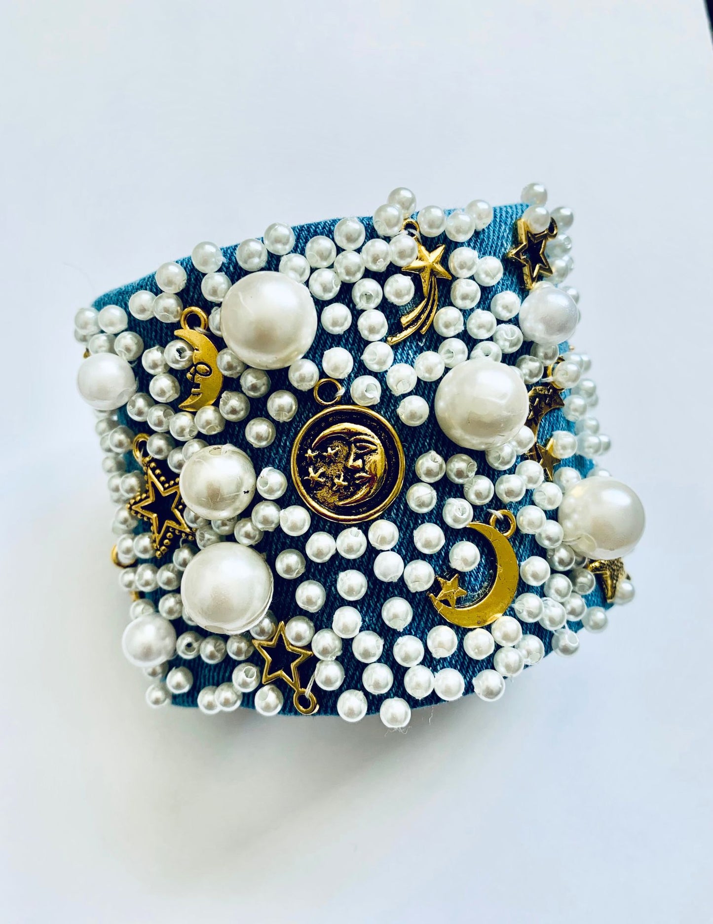 MOON Handmade Boho Denim Bracelet with Pearls | Made in USA