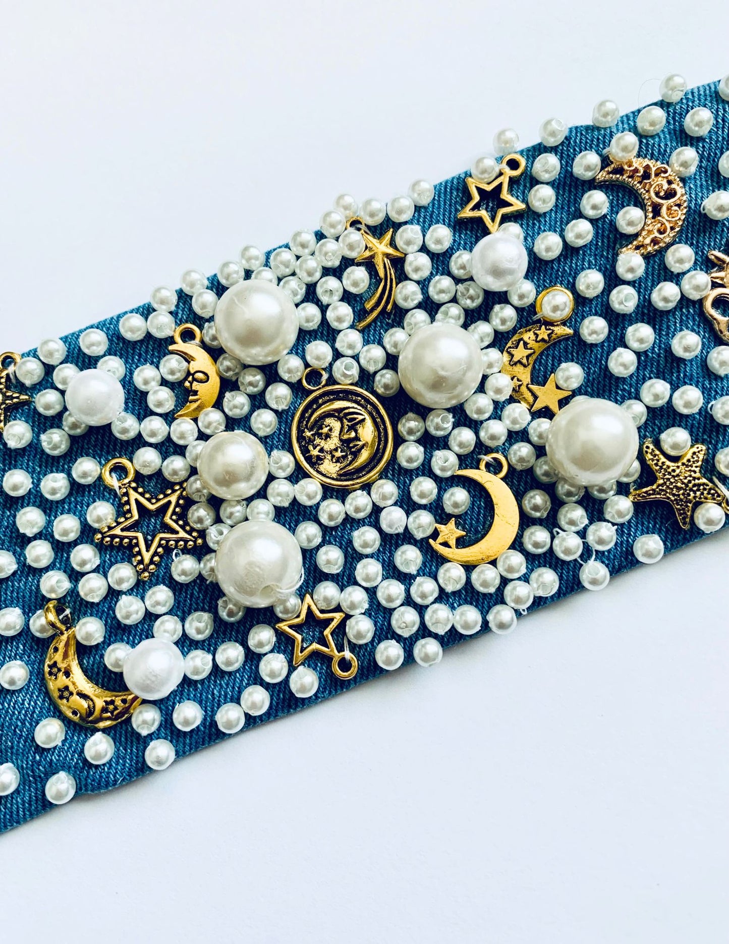 MOON Handmade Boho Denim Bracelet with Pearls | Made in USA
