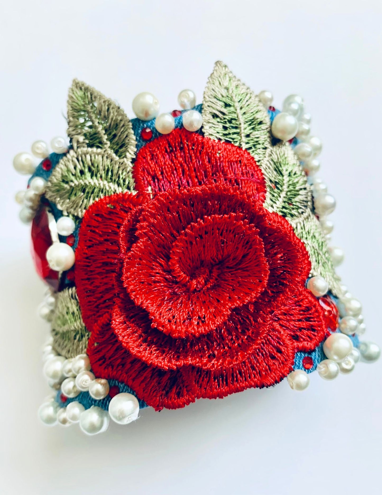 ROSE GLAM – Handmade Glam Boho Embroidered Denim Bracelet
