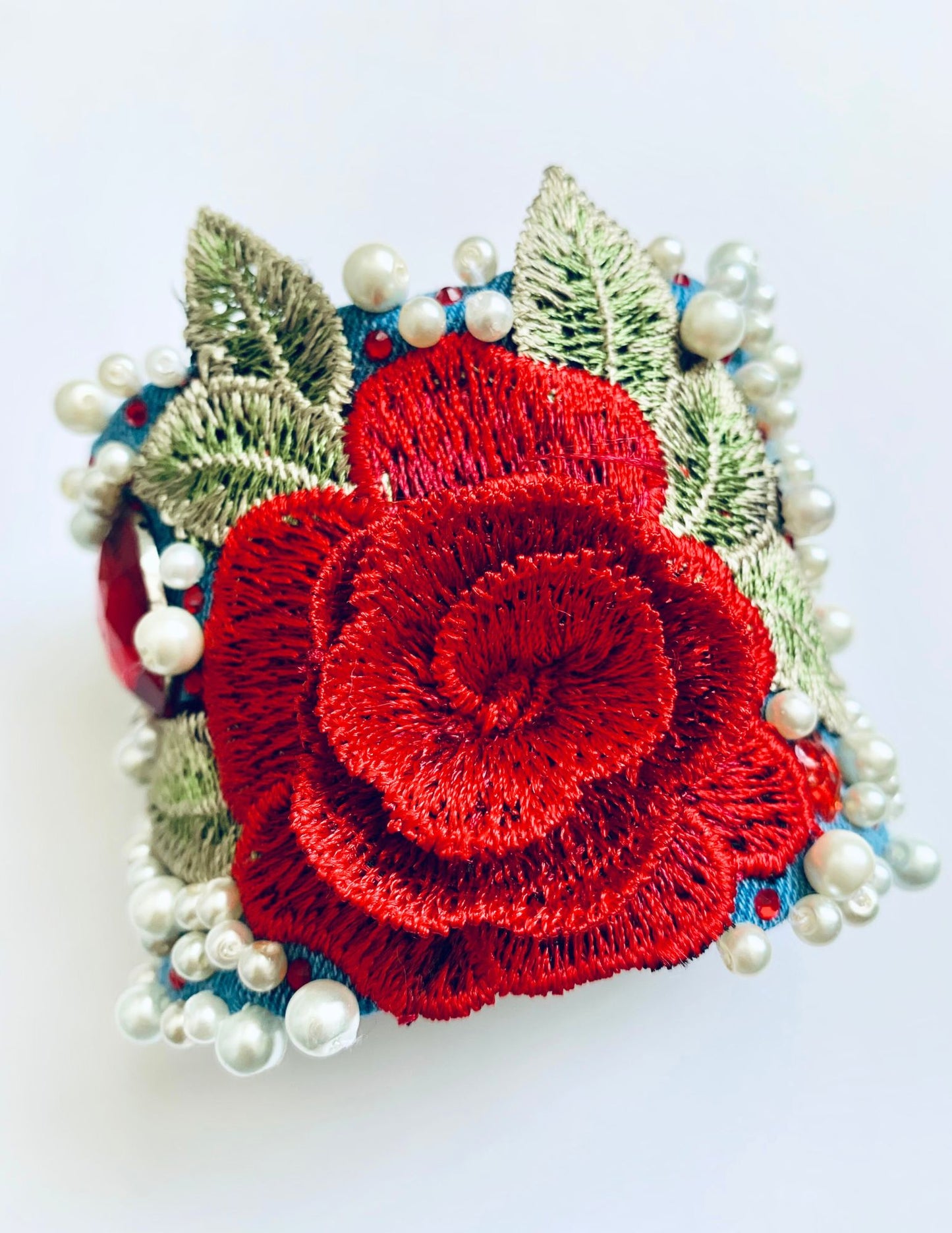 ROSE GLAM – Handmade Glam Boho Embroidered Denim Bracelet