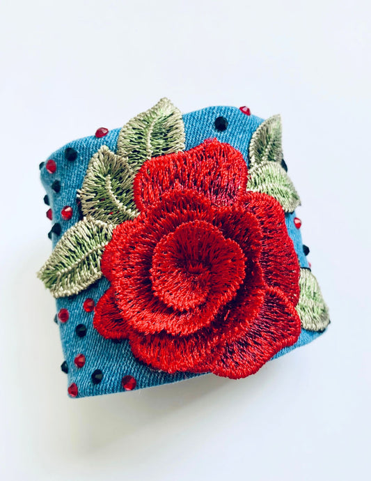 ROSE – Handmade Boho Chic Embroidered Denim Bracelet