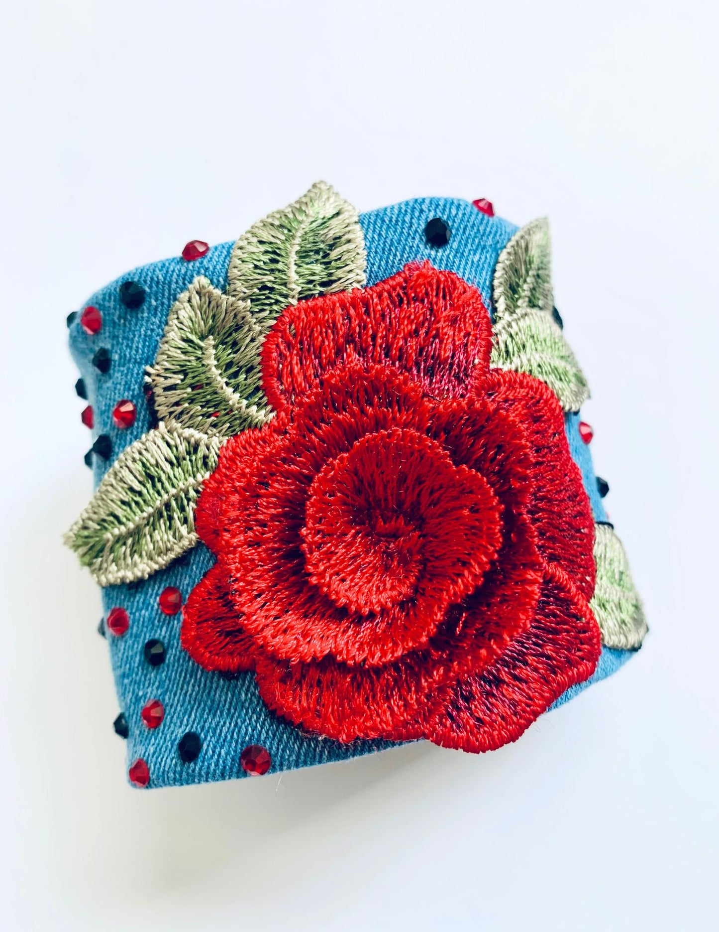 ROSE – Handmade Boho Chic Embroidered Denim Bracelet