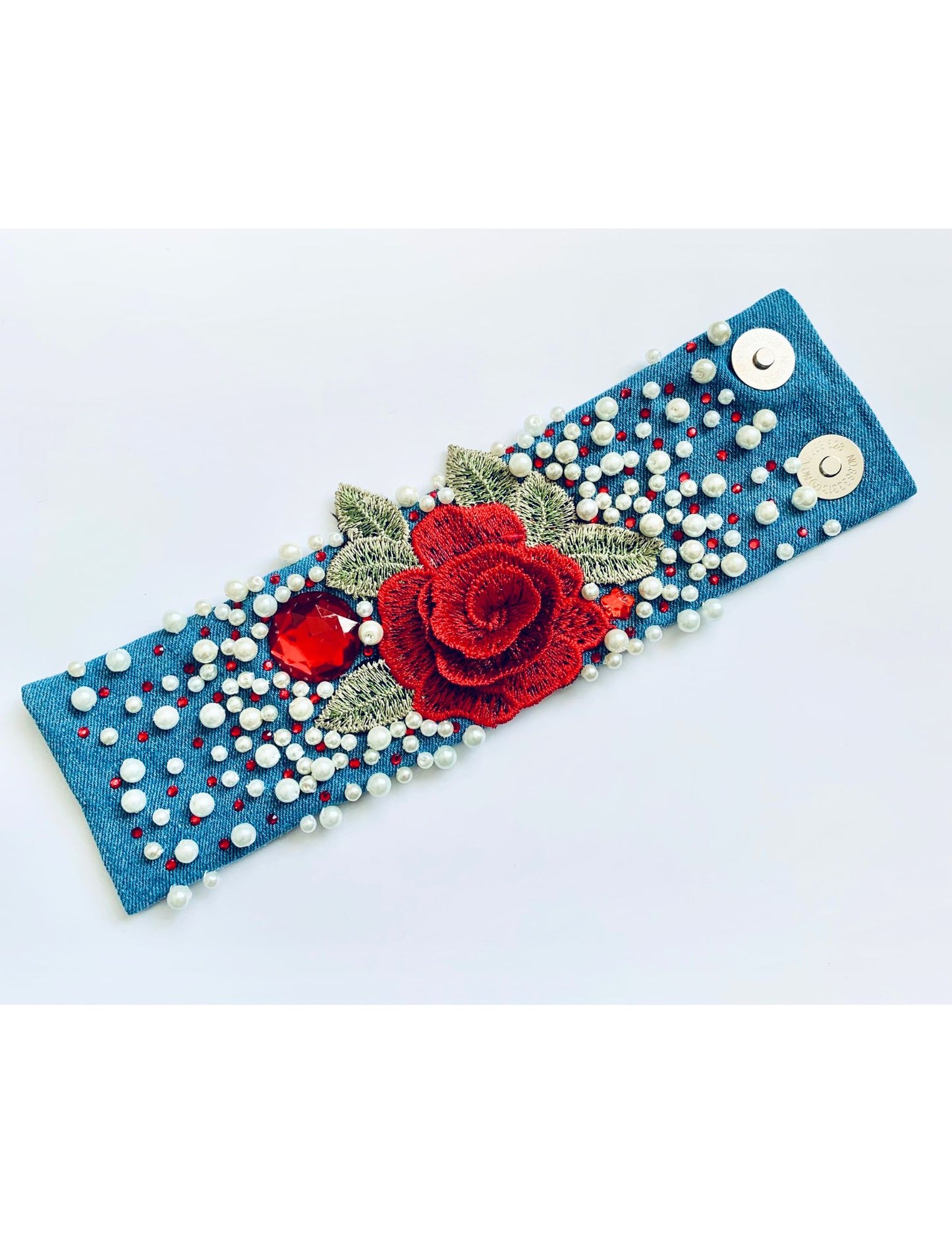 ROSE GLAM – Handmade Glam Boho Embroidered Denim Bracelet