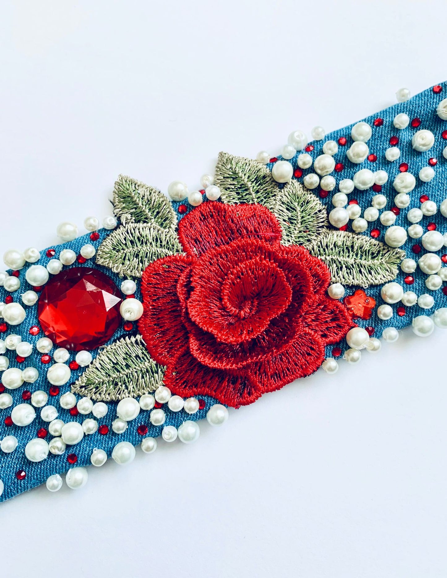 ROSE GLAM – Handmade Glam Boho Embroidered Denim Bracelet