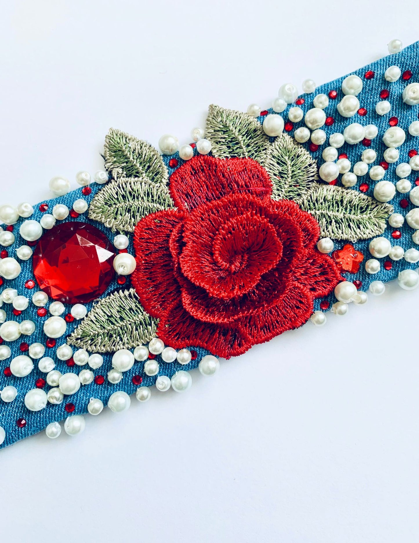 ROSE GLAM – Handmade Glam Boho Embroidered Denim Bracelet