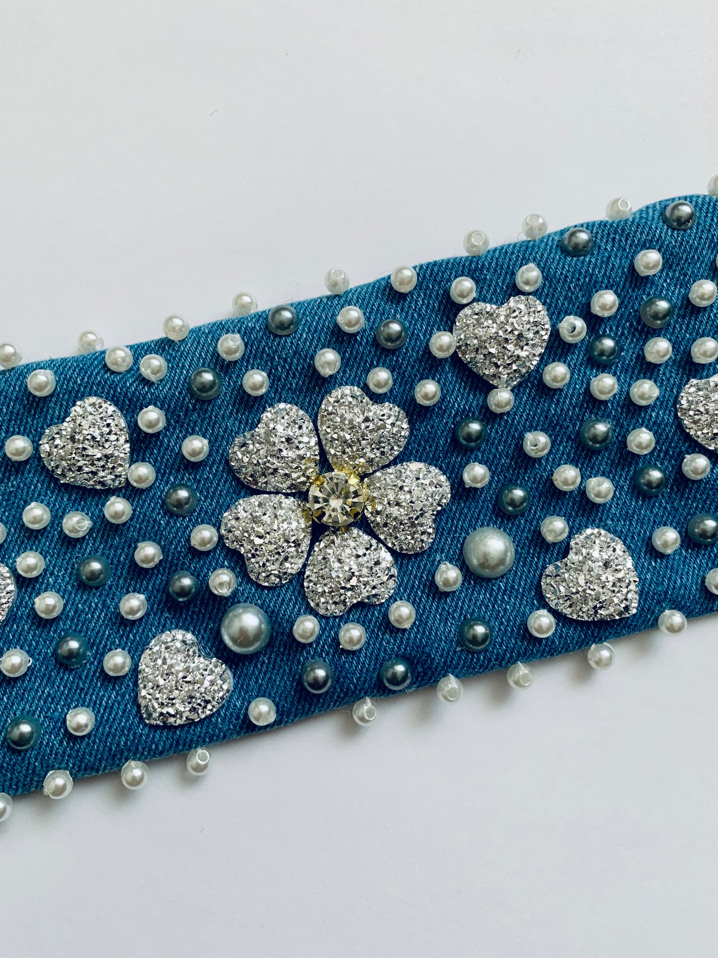 Silver Hearts Handmade Denim Bracelet with Pearls & Crystals