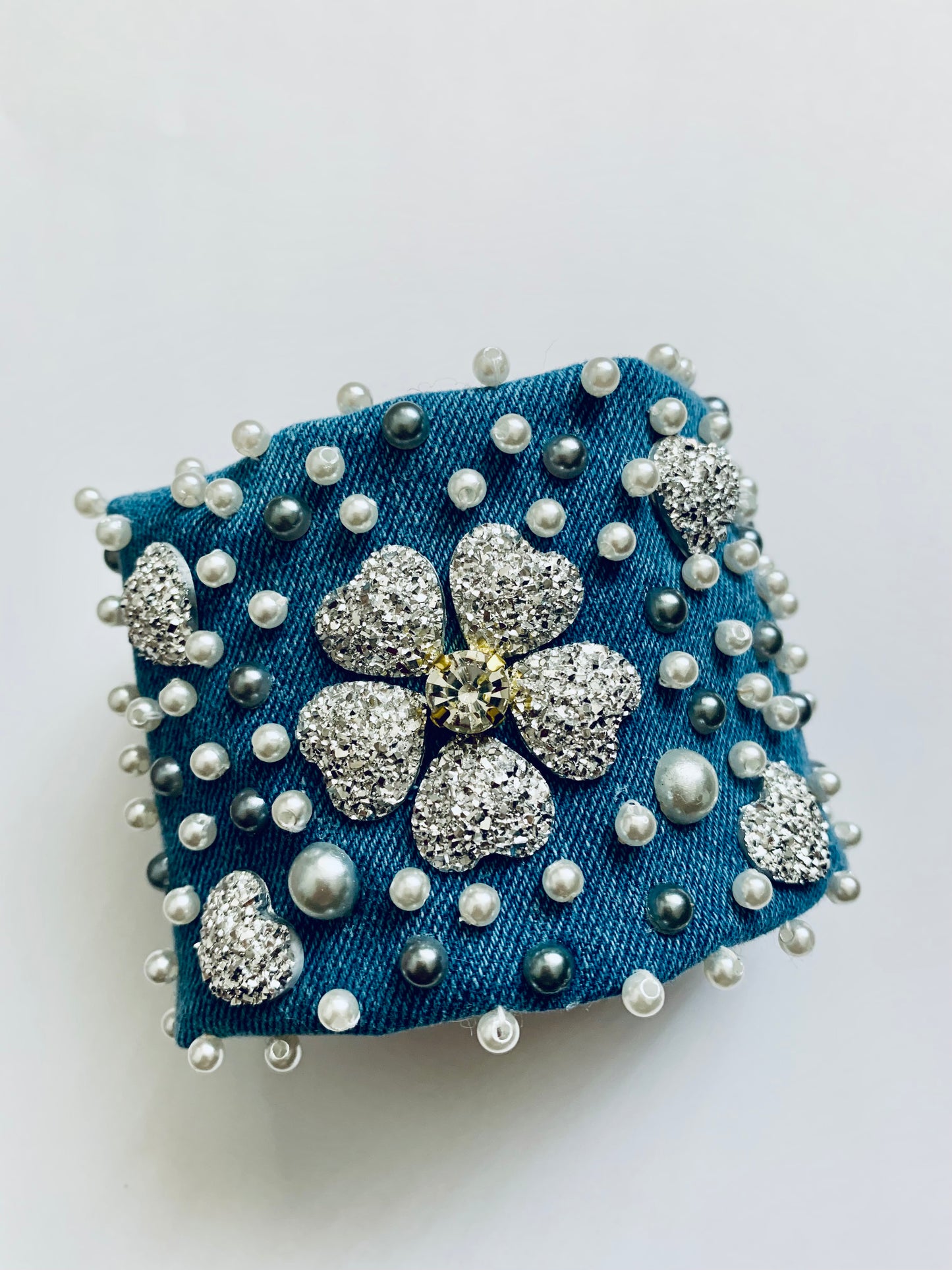 Silver Hearts Handmade Denim Bracelet with Pearls & Crystals