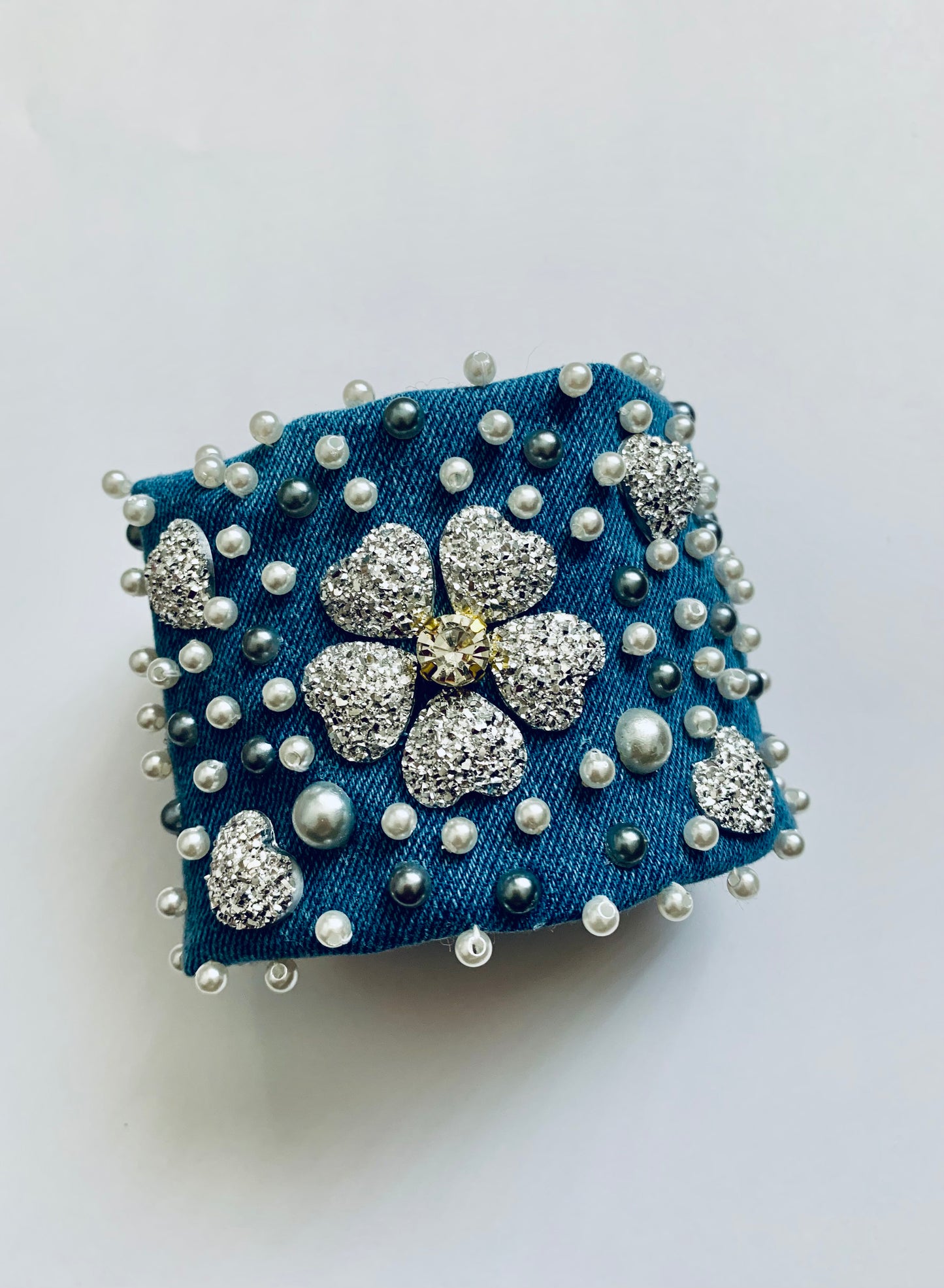 Silver Hearts Handmade Denim Bracelet with Pearls & Crystals