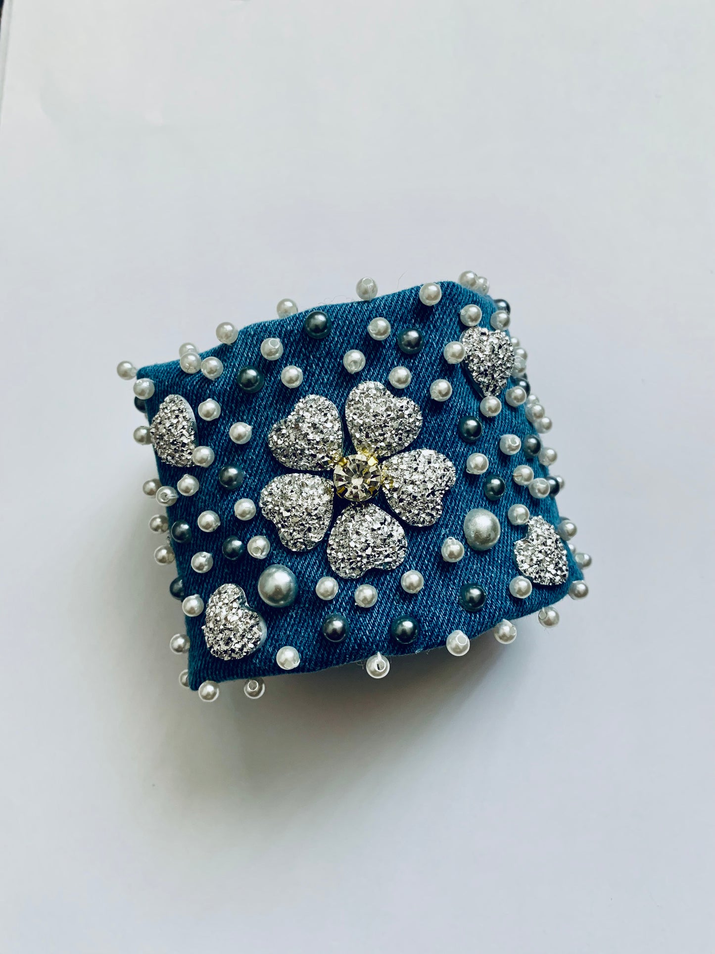 Silver Hearts Handmade Denim Bracelet with Pearls & Crystals