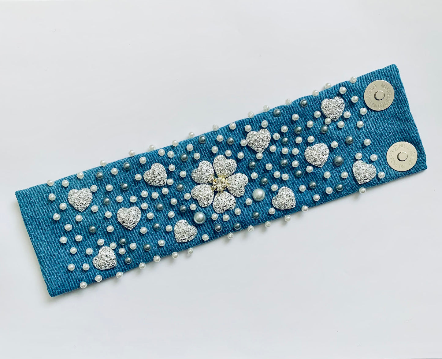 Silver Hearts Handmade Denim Bracelet with Pearls & Crystals