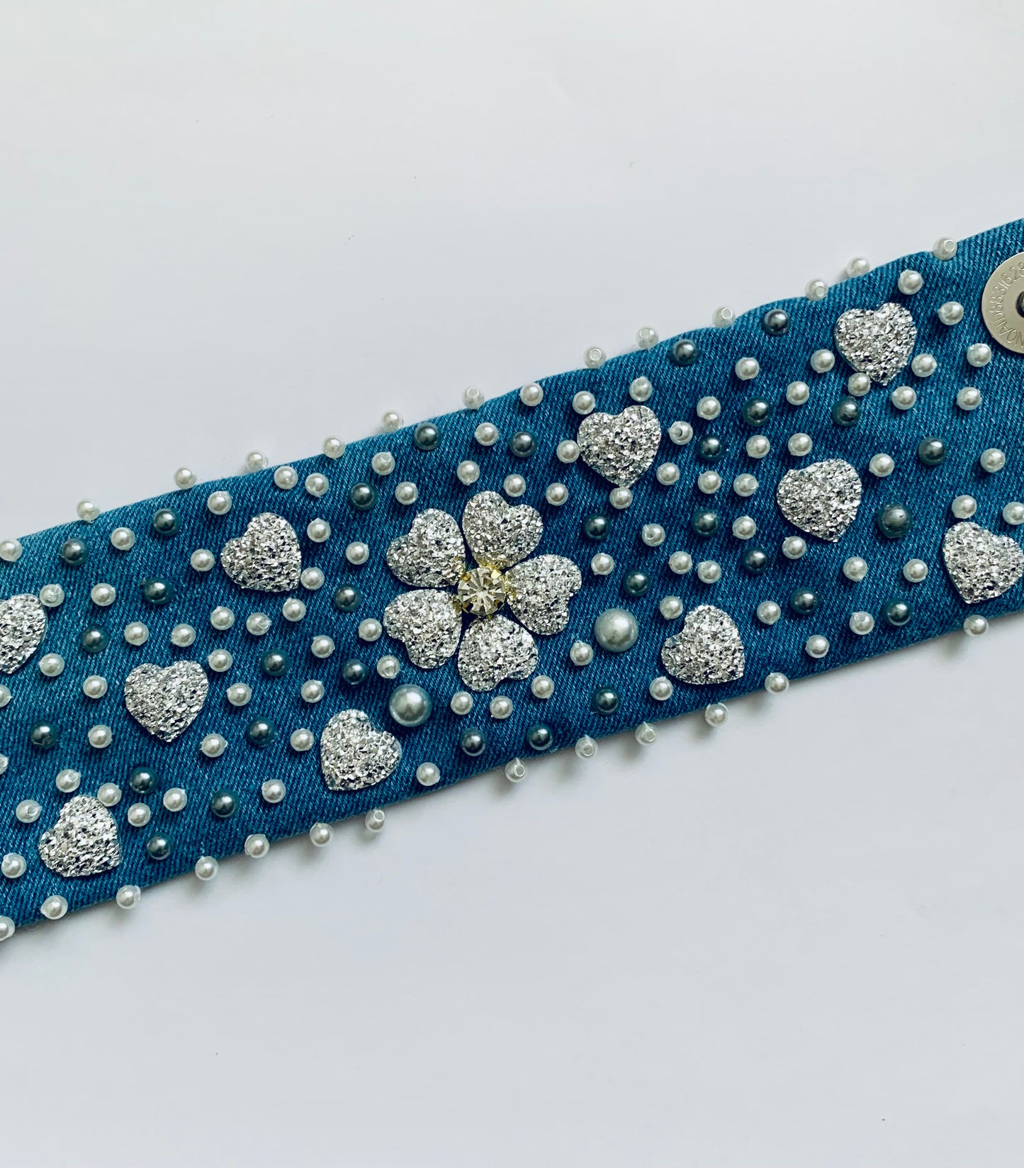 Silver Hearts Handmade Denim Bracelet with Pearls & Crystals