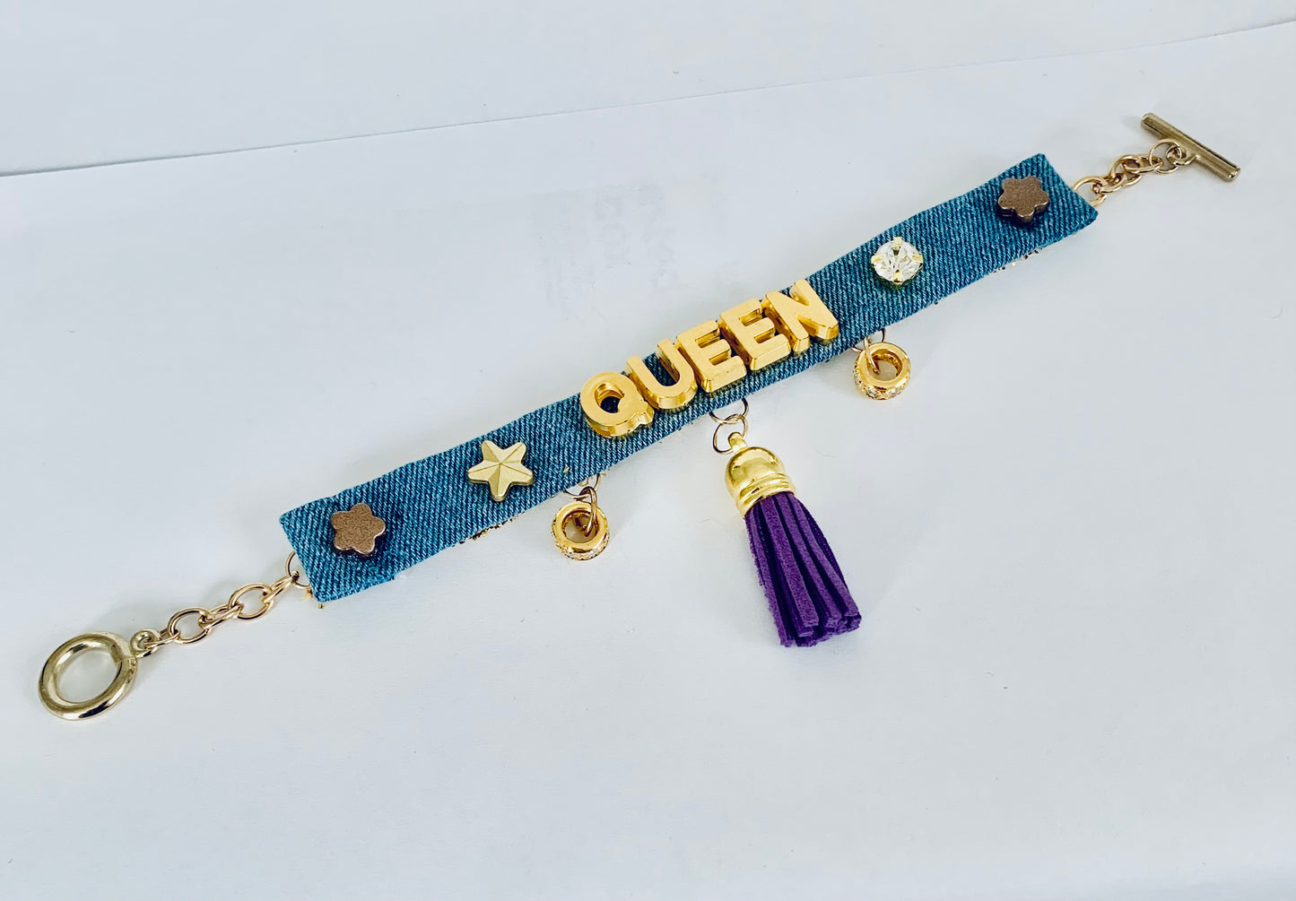 Queen Denim Bracelet with Charms and Beads–Boho Chic Jewelry