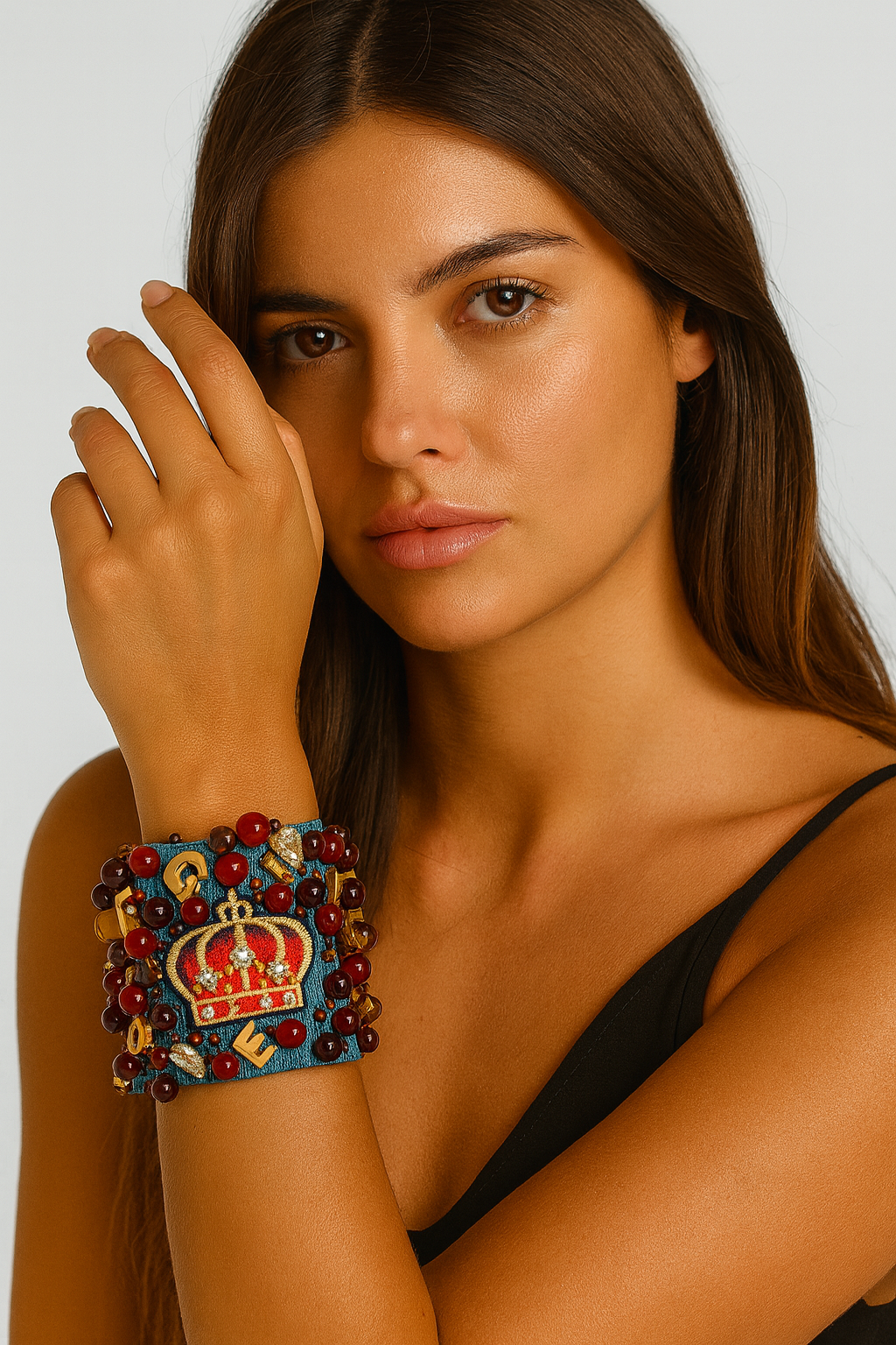 CROWN – Handmade Denim Bracelet with Royal Embroidery & Bead