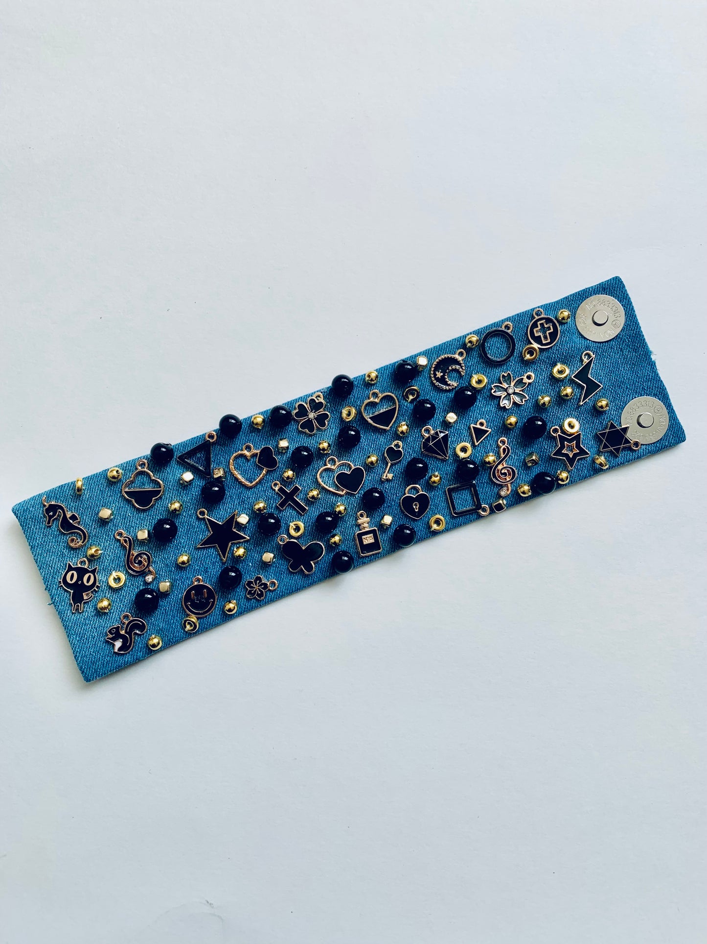 Black Heart Denim Bracelet with Charms & Beads– Boho Chic