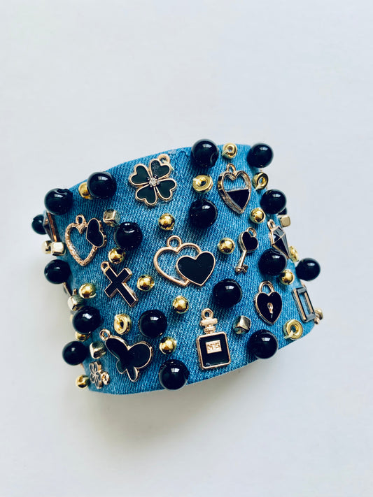 Black Heart Denim Bracelet with Charms & Beads– Boho Chic