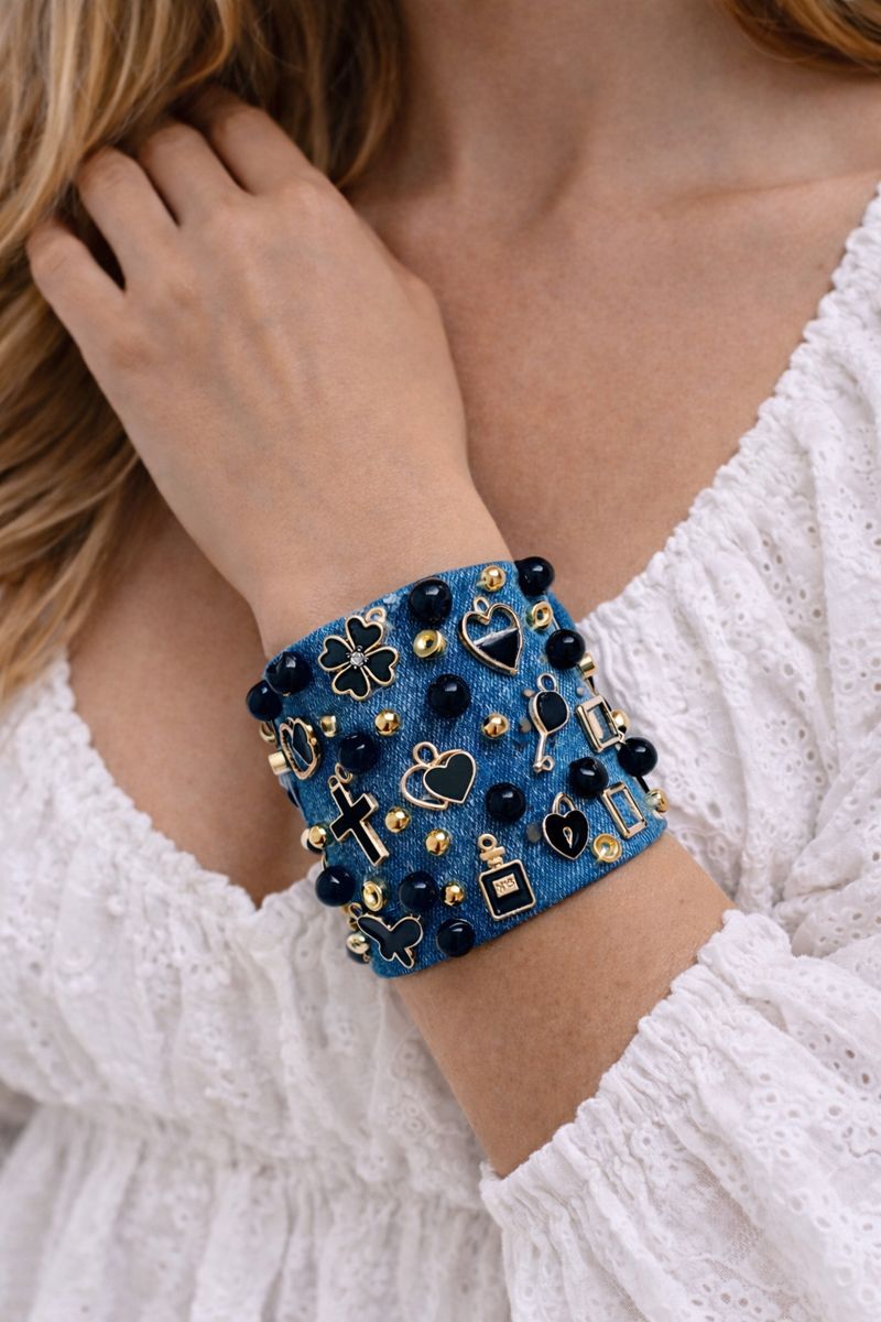 Black Heart Denim Bracelet with Charms & Beads– Boho Chic